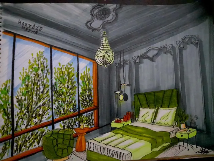 منظور غرفة نوم بدرجات الأخضر ونافذة واسعة