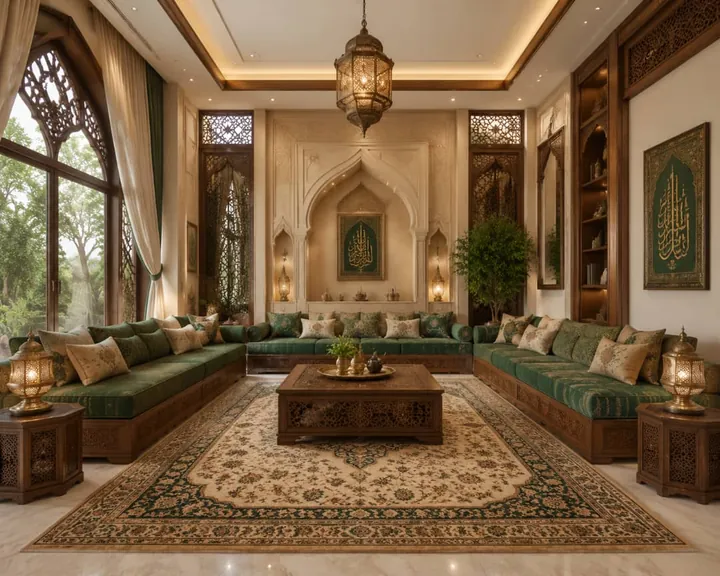 مجلس عربي بجلسات أرضية خضراء ونقوش خشبية