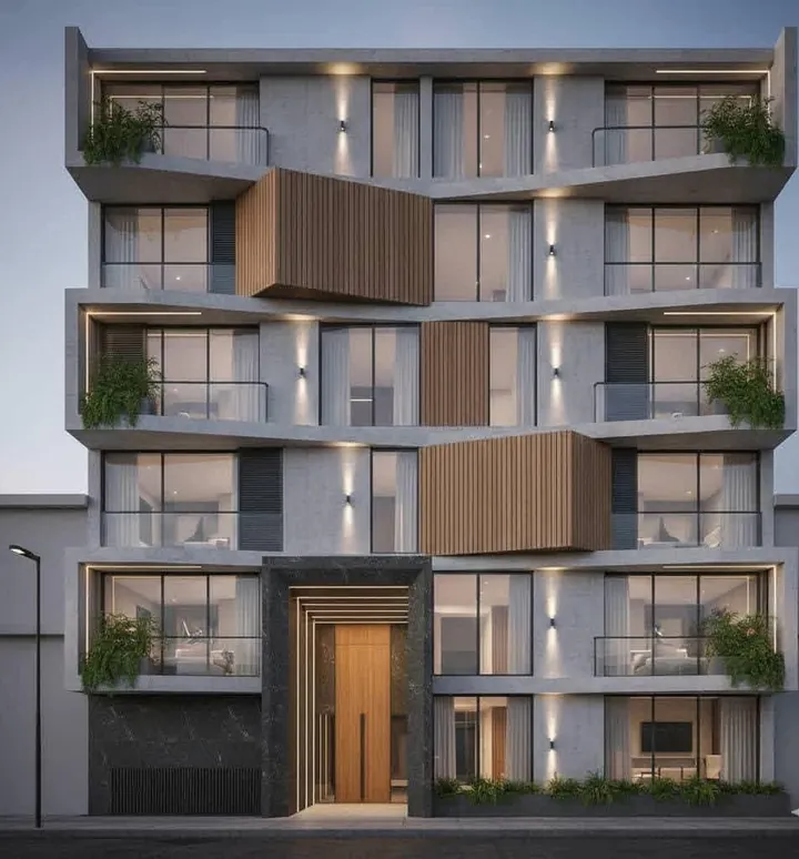 عمارة سكنية بواجهة خرسانية وخشبية