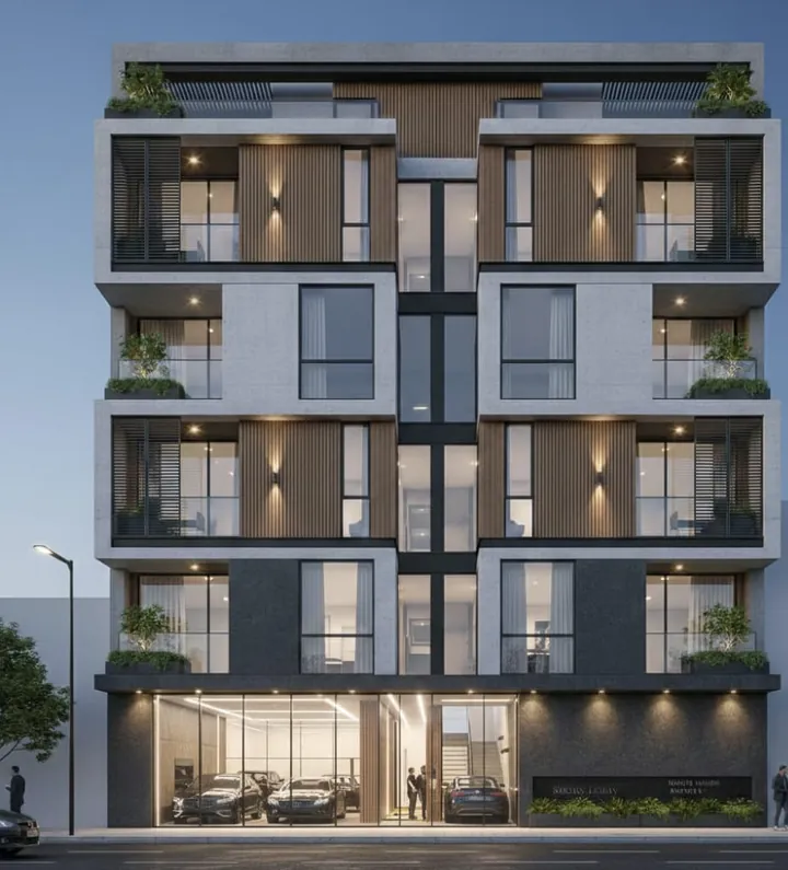 عمارة سكنية بطابق أرضي زجاجي