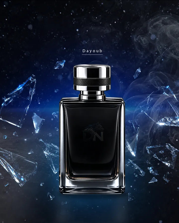 إعلان عطر أسود بشظايا زجاج ودخان