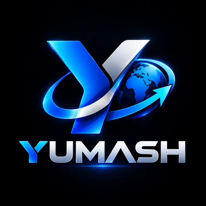 شعار YUMASH ثلاثي الأبعاد بحرف Y وكرة أرضية وسهم