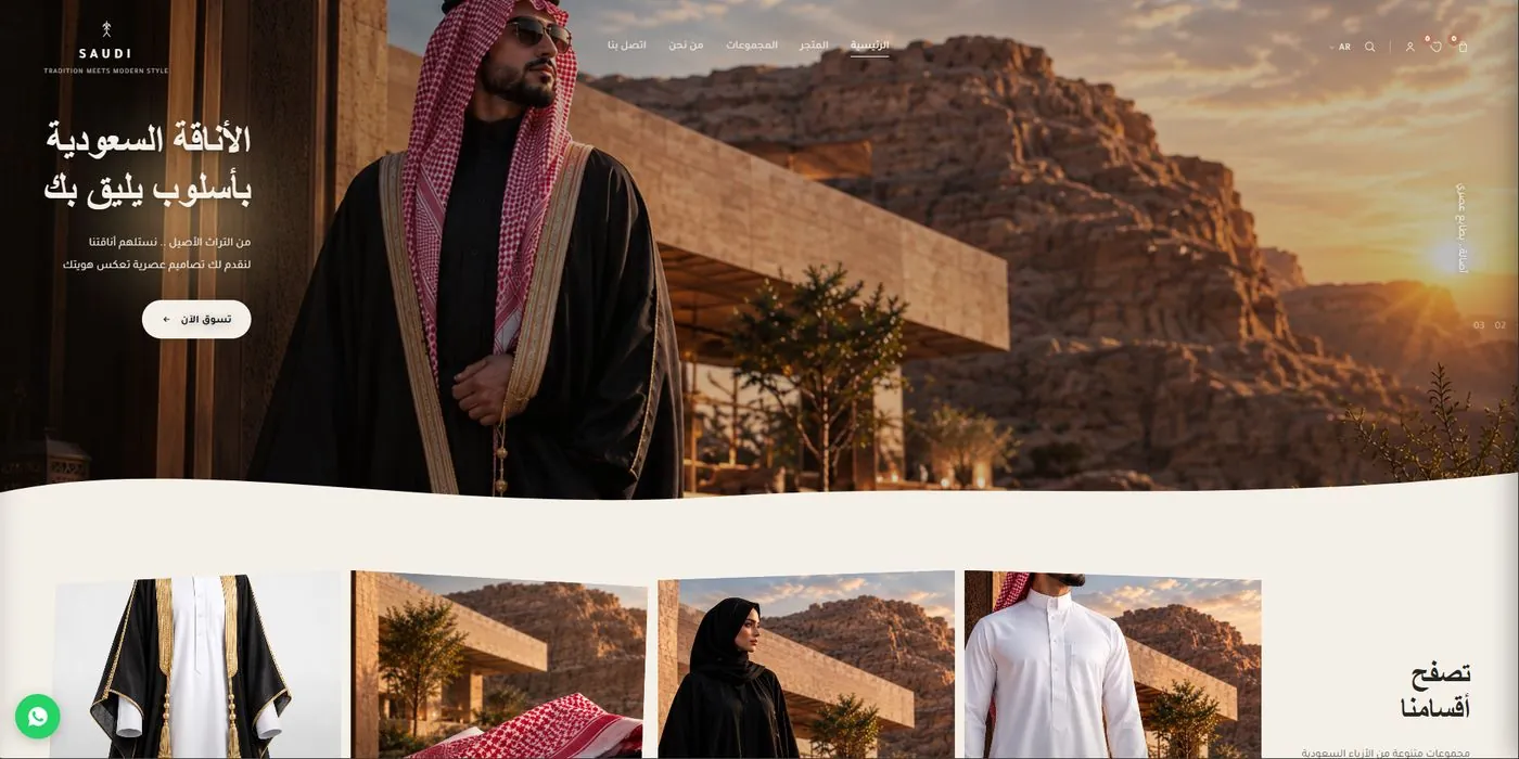 الصفحة الرئيسية لمتجر SAUDI: رجل بالزي السعودي أمام جبل عند الغروب مع عنوان وزر تسوق الآن